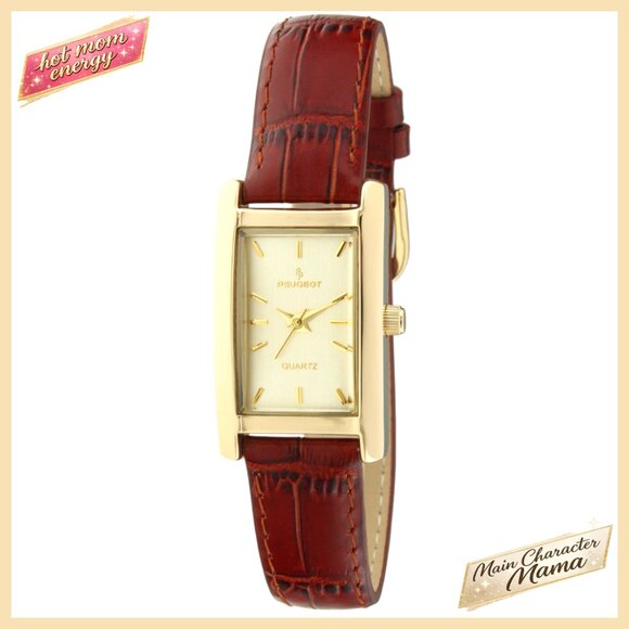 14K Gold Plated Rectangular Watch with Leather Band, Quartz Movement main image 7